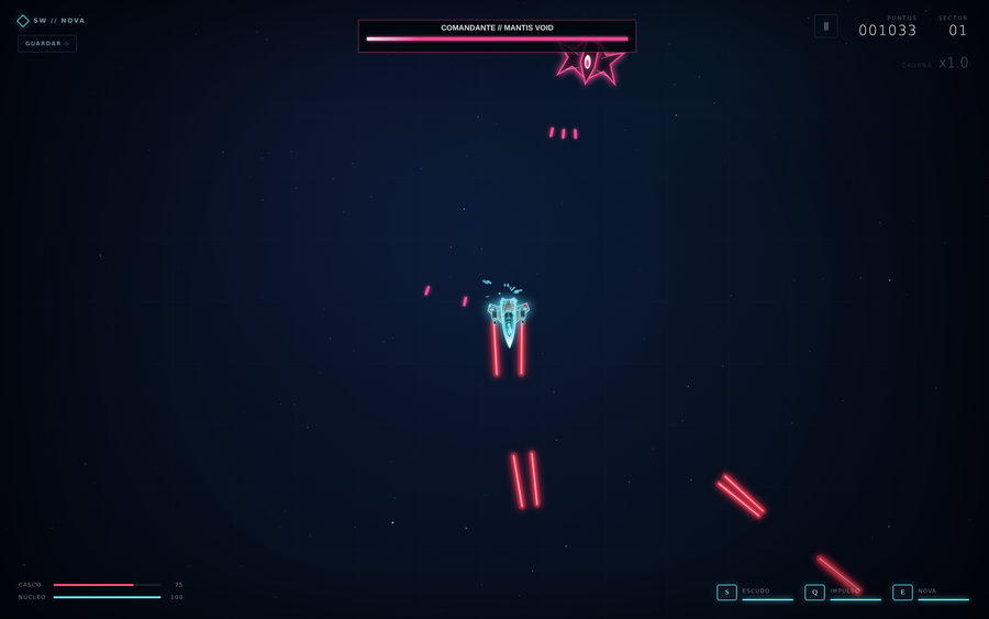 SpaceWars in play: the Titan under fire from the Mantis Void commander, its health bar across the top of the screen.