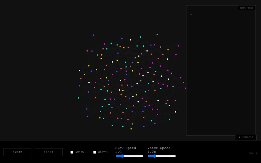The Charlatan: a dense force-directed graph of coloured word nodes beside a narration panel.